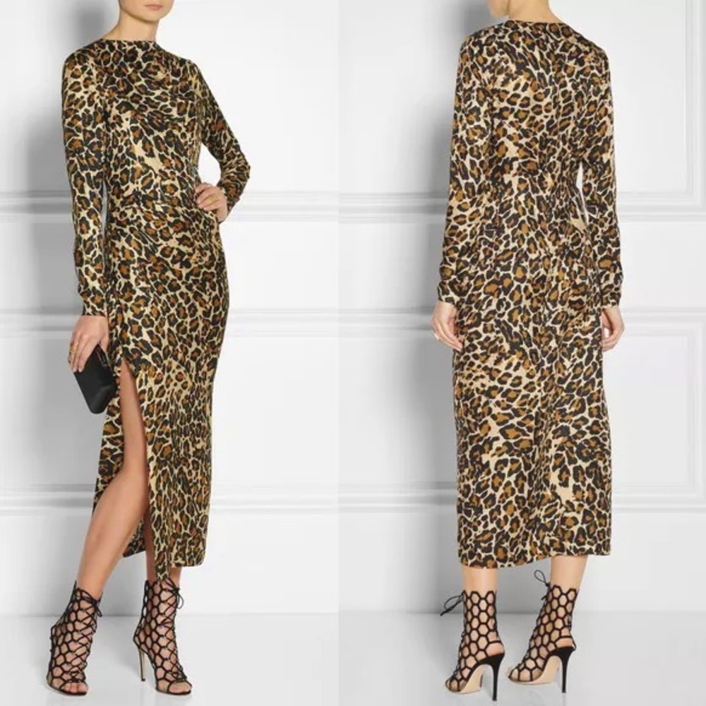 Tamara Mellon Silk Animal Print Black Beige Bodycon Long Sleeve Midi Dress M (8)